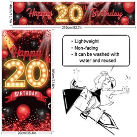 Happy 20th Birthday Door Cover Porch Banner Sign Set - 20 Years Old Birthday Decoraions Party Supplies for Women Men - Red