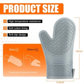 HESEE Silicone Oven Mitts, Heat Resistant 2PCS Mitts with Soft Cotton Gray