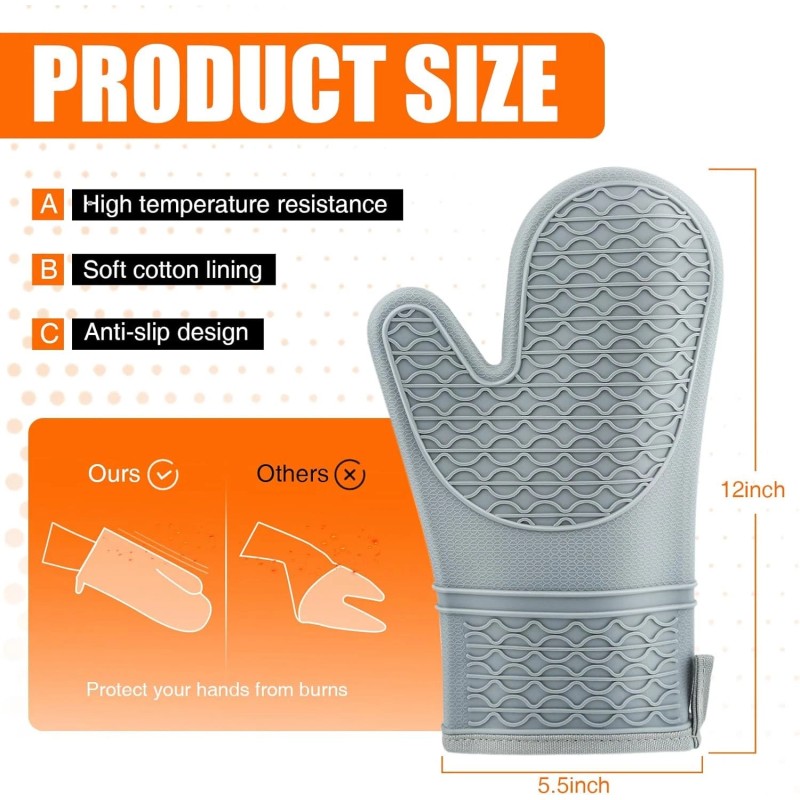 HESEE Silicone Oven Mitts, Heat Resistant 2PCS Mitts with Soft