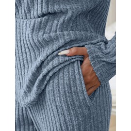 Womens Ribbed Knit Lounge Set Long Sleeve Sleepwear Loungewear Comfy 2 Piece Matching Pj Sets with Pockets Light Blue