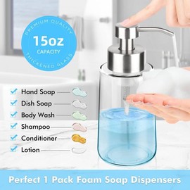 GLUBEE Thick Glass Soap Dispenser with Rust Proof Stainless Steel Pump, Clear Foam Soap Dispenser with Wide Opening for Kitchen and Bathroom（15 Oz）