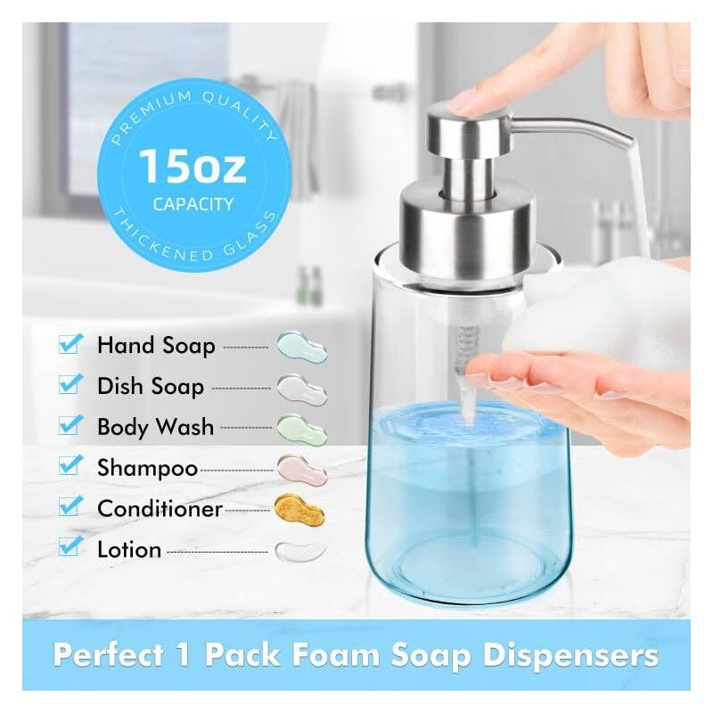 GLUBEE Thick Glass Soap Dispenser with Rust Proof Stainless Steel