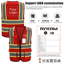 AYKRM 11 colors available safety vest red for women High Visibility Reflective Vest for Men Security with Pockets Zipper Front Meets ANSI/ISEA Standards