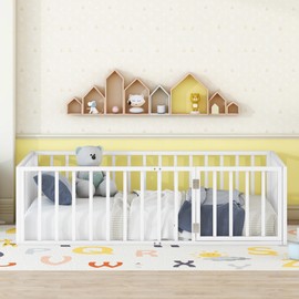 Jintop Twin Size Metal Floor Bed Frame with Fence and Door,Versatile Montessori Beds,No Box Spring Needed,Easy to Install,for Kids,Boys,Girls,White