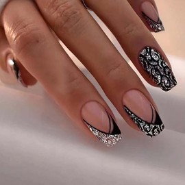 ANDGING Black Silver Press on Nails Square French Tip Short Medium fake on Nail for Women Fake Nail with Leopard Designs Artificial False Stick on Nail Gel Manicure Acrylic for Wedding
