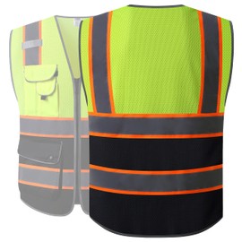 JKSafety 9 Pockets Class 2 High Visibility Dual Color Zipper Front MESH Lite Safety Vest | Orange Color Triming Reflective Strip | ANSI/ISEA Standards (100-Yellow-Black, L)