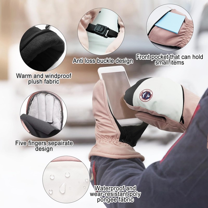 Feelorna Women's Ski Mittens, Waterproof Anti-Slip Snow Gloves for Skiing