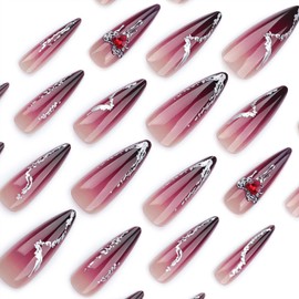 Vopintpy Stilettos Press on Nails Extra Long Almond Fake Nails Rhinestones Charm Acrylic Nails with Gradient Glue on Nails Glossy Artificial Stick on Nails for Women DIY Salon Nail