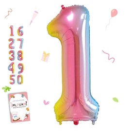 Smlpuame 40 Inch Number Balloons 0-9 Rainbow Gradient Large Number 1 Balloons, Digital Balloons for Birthday Party Celebration Decorations, Helium Foil Number Balloons for Wedding Anniversary