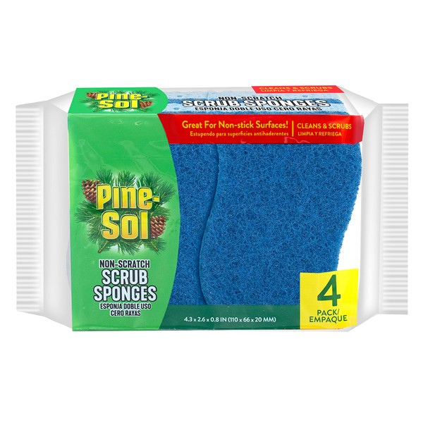 Pine-Sol Non Scratch Scrub Sponges - Double Sided Dish Scrubber Safe for Nonstick Cookware - Kitchen Essentials for Dishwashing and Cleaning, 4 Pack, Blue