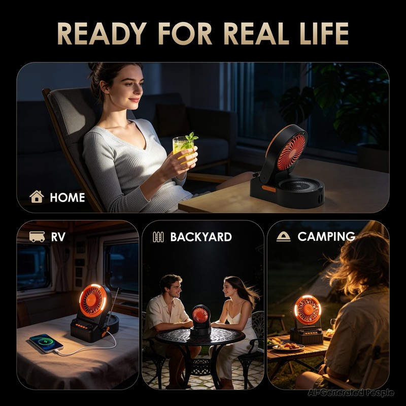 Rechargeable Camping Fan with Powerful Airflow, Brushless Motor