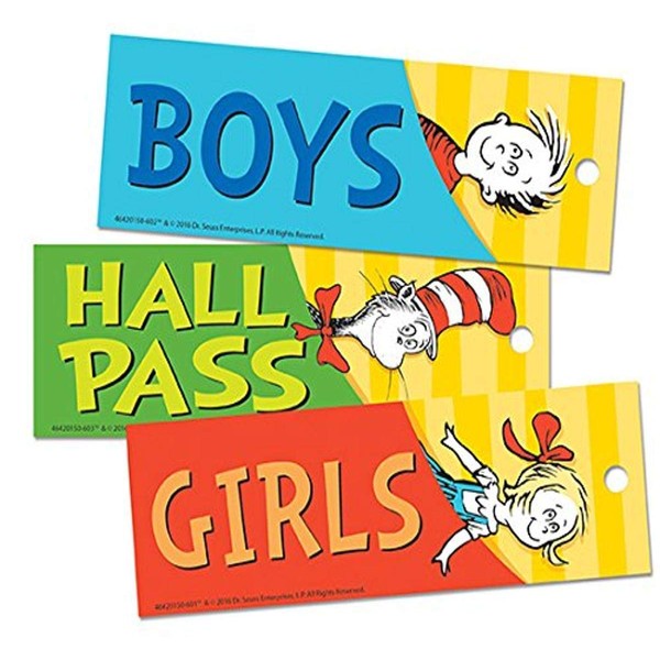 Eureka Back to School Dr. Seuss Cat in the Hat Student Bathroom and Hall Pass, 3pc, 2'' x 6''