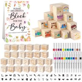 Aisharery 117 Pcs Baby Shower Blocks to Decorate Game Kit Includes 52 Wooden Blocks 24 Markers 1 Game Sign 40 Templates to Paint (Flower)