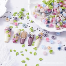 MOLILON Flower Nail Charms, 100pcs 3D Flowers for Nails Gradient Flower Leaf Nail Pearl Rose Spring Nail Art Resin Nail Design Acrylic Manicure Decoration for Women Girl Craft DIY