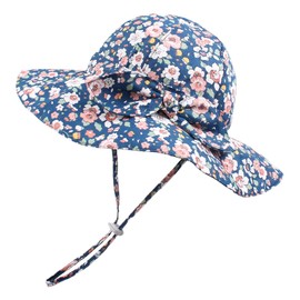 Zsedrut Baby Girl Sun Hats Wide Brim Toddler Floppy Bucket Hat Sun Protection Cap Spring Summer Beach Hat 0-4Years (A-Navy Flowers, 6-12 Months)