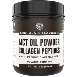Keto MCT Oil Powder + Collagen + Prebiotic Acacia Fiber, Chocolate Flavor, 16oz. MCT Oil Powder from Coconuts. Grass Fed Collagen, Perfect for Keto, 0 Net Carb, Stevia, Erythritol, Powdered Drink