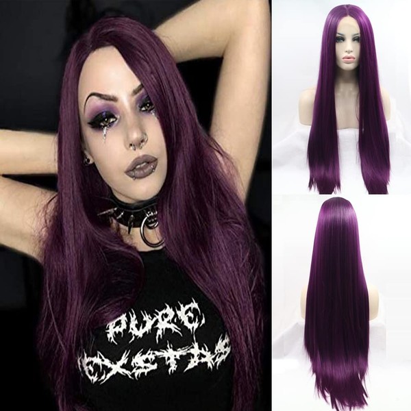 24" Violet Purple Soft Lace Front Wig Long Silky Straight Dark Purple Synthetic Wigs Natural Glueless Pure Purple Half Hand Tied Wigs Middle Parting 180% Density Heat Resistant All Season Hair…