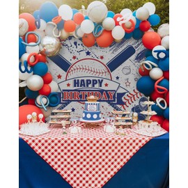 Mocsicka Baseball Birthday Backdrop Boys Blue and Red Baseball Party Decorations Kids Teens Sports Baseball Happy Birthday Banner Photo Booth Props(7x5ft)