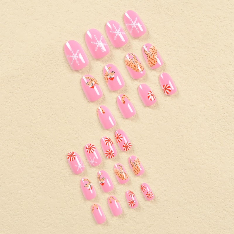 Christmas Press on Nails Short Almond Winter Fake Nails Pink