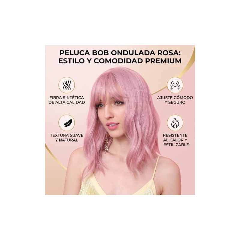 Peluca Ondulada Rosa Corta de 36 cm, Pelucas Sintéticas Rizadas,