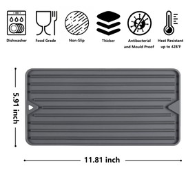Dish Drying Mat, Silicone Drying Mat for Kitchen Counter, Food Grade Easy to Drain & Clean Thicker Drying Pad for Dish/Cup/Glassware/Pot Heat Resistant Mat 12 x 6 Inches Elegant Grey