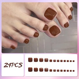 24Pcs Press on Toenails Short Square, Cocoa Brown French Tip False Toenails, Solid Color Spring Summer Glossy Acrylic Fake Toe Nails, Reusable Full Cover Stick on Toe Nails for Women Girls Manicure