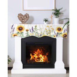 Spring Floral Mantel Scarf for Fireplace 70 x 17 inches Watercolor Sunflower Lavender Green Leaves Fireplace Mantle Scarf Cover Farmhouse Fireplace Scarf Top Runner for Home Festive Party Supplies