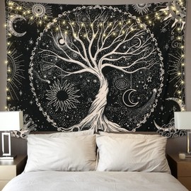 KHOYIME Tree of Life Tapestry Sun and Moon Tapesties Black Home Decor Psychedelic Eye Wall Hanging for Bedroom Dorm Decor (W59" x L51")