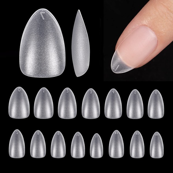 BTArtbox Short Almond Nail Tips for Nails, Pack of 300, Short, Soft Gel, Full Cover Almond Nail Tips, No File Nail Tips, Short, Almond Shape Tips, Pre-Buffed, Resin, Fake Nails with Box, 15 Sizes