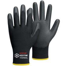 KAYGO Work Gloves PU Coated-12 Pairs, Thermal Fleece Liner, Good Grip, KG11W, Winter Safety Work Gloves for Men and Women, Ideal for Cold Weather Work Freezer Storage Warehouse (Large, Black)