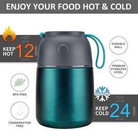 Insulated Thermo Food Jar for Hot & Cold Food for Kids Adult, 17 oz Soup Thermal Hot Food Containers for Lunch, Triple Layer Insulation Stainless Steel Food Jar with Spoon (Green)