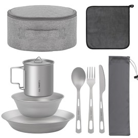 ZING TTI Titanium Dinnerware Set, 8-Piece Camping Dinnerware Kit, Titanium Bowl, Plate, Cup, Fork, Spoon, and Napkin, Includes Storage Bag, for Backpacking, Camping, Hiking, and Picnics