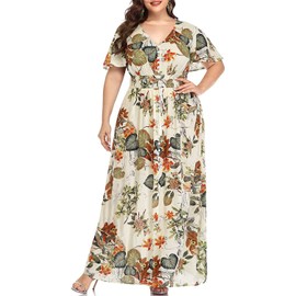Plus Size Maxi Dresses for Women Boho Summer Beach Hawaiian Rayon Button Up Beige Floral Long Sundresses Bohemian Dress