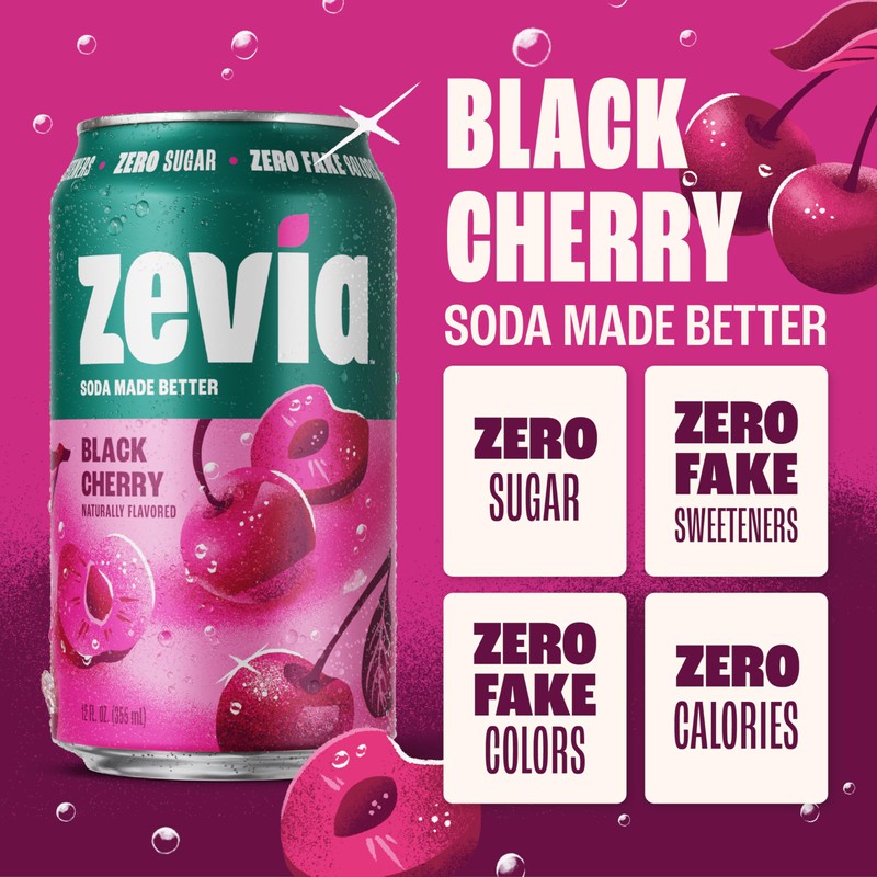 Zevia Zero Sugar Soda, Black Cherry, 16 oz Cans (12-Pack)