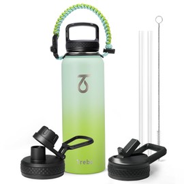 Trebo 40oz Water Bottle Insulated with Lid and Straw,Double Wall Vacuum Stainless Steel Metal Sports Flask with Paracord Handle, Keep Hot 24 Hours & Cold 48 Hours Water Jug with 3 Lids, Dark Green