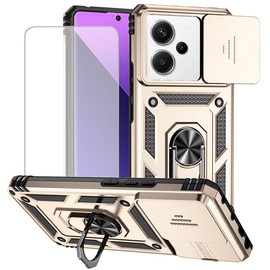 Yodueiv for Redmi Note 13 Pro 5G Case, Poco X6 5G Case with Tempered Glass Screen Protector and Slide Camera Cover, Magnetic Ring Car Mount Holder Protective Cover for Xiaomi Redmi Note 13 Pro 5G Gold