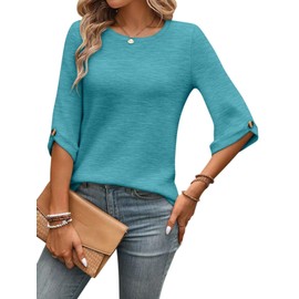 EADINVE Womens Tops 3/4 Length Sleeve Crew Neck Casual Trendy Button Tunic Tops Basic Shirts Loose Fit Blouse Teal