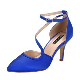 ERIJUNOR Zapatos de tacón medio para mujer, cómodos, con tiras de tobillo, con punta de raso, para bodas, fiestas de noche, Azul / Patchwork, 11