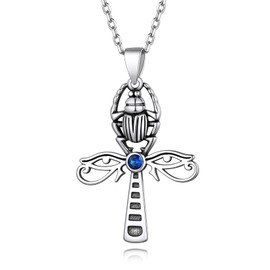 Suplight 925 Sterling Silver Scarab Beetle and Ankh Necklace Antique Key of Life Egyptian Necklace for Women Men