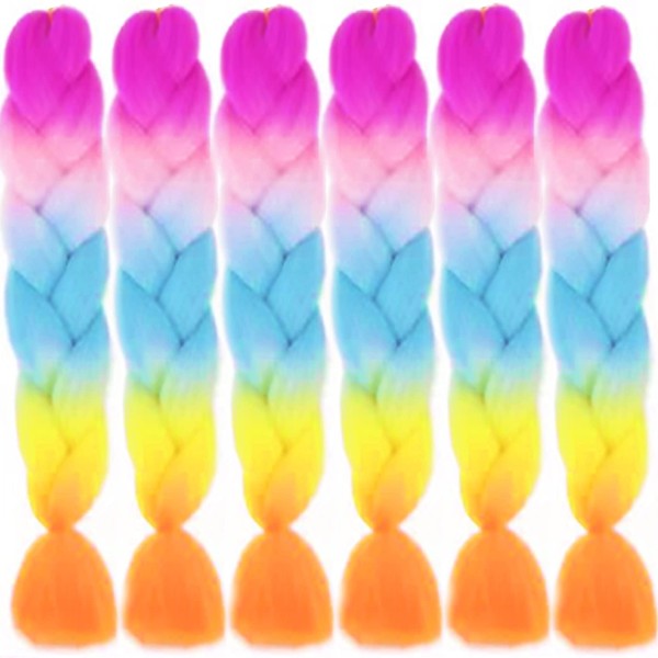 LDMY Rainbow Jumbo Braiding Hair Extensions, 6 Pieces/Pack, 24 Inch Braids Extensions, Kanekalon Synthetic Hair for Women, 100 g/pc