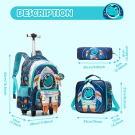 Kids Rolling Backpack for Boys Space Shuttle Trolley Suitcases Luggage with Wheels Bookbag Wheeled 3pcs Preschool Students Elementary Teenagers Lunch Box Pencil Case Blue for Age 5-10