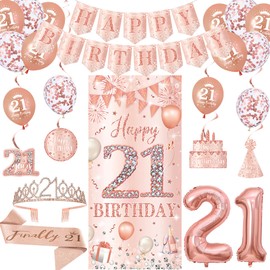 Trgowaul Rose Gold 21st Birthday Decorations for Her, 21st Banner Backdrop, Sash and Crown, Balloons Hanging Swirls Kit, Pink 21 Number Balloons, 21 Year Old Birthday Set for Women