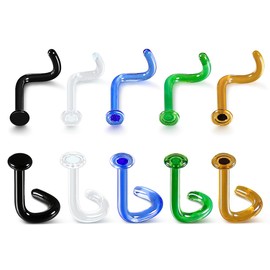 BOKABOO 10Pcs Glass Nose Studs Retainers Set, Flat Top Nose Screw Style for Work, Surgery, MRIs, CT, Hypoallergenic, 16g, 7mm Bar Length, 5 Colors