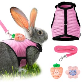 Bunnycool Rabbit Harness and Leash Set with 2 Cute Decorations Soft Adjustable Buckle Breathable Mesh Vest Harness for Rabbits Ferret Small Pig Puppy Walking Supplies (Pink,Cute Pattern)