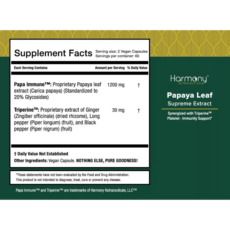 Harmony Nutraceuticals Papaya Leaf, Platelet-Immunity Support,Harmony Nutraceuticals, 120 Vegan Capsule