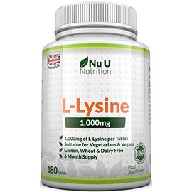 L-Lysine 1000mg | 180 Tablets (6 Month Supply) | Vegetarian and Vegan L lysine 1000mg by Nu U Nutrition
