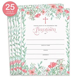 Girl Baptism Invitations with Envelopes (Pack of 25) Pink Floral Christening Invite Large 5x7" Fill in Blank Religious Celebration Baptismal Mass Reception Lunch Brunch Party Excellent Value VI0099B