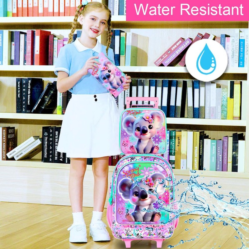 Rolling Backpack for Girls, 3PCS Kids Roller Bookbag with Lunch