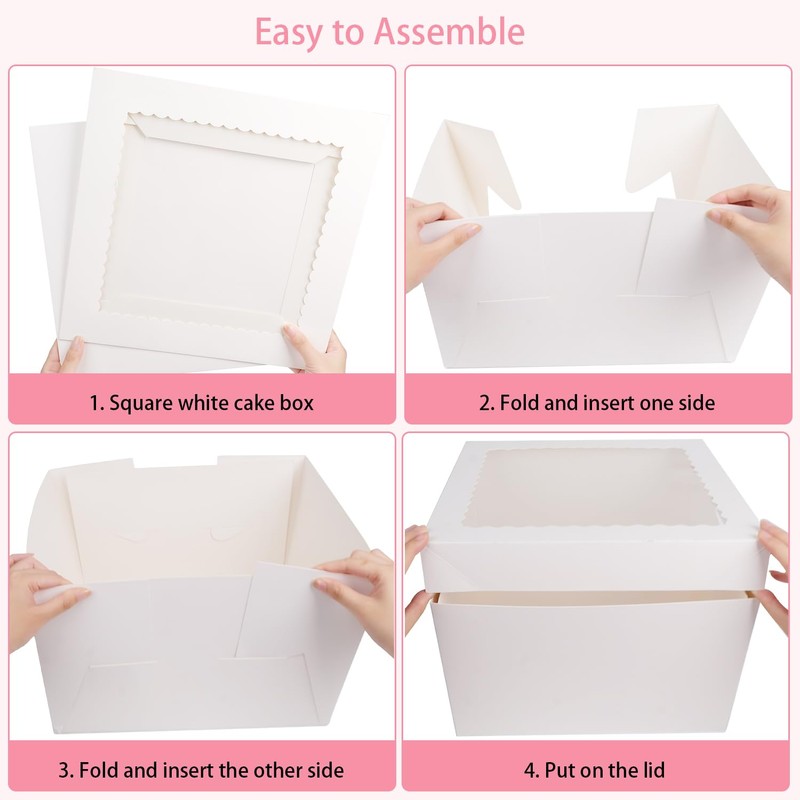 DEENSU 4 Pack 12x12x8 Inch White Cake Boxes with Window