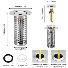 Drain Strainer Pack of 2, 33 × 80 mm Stainless Steel Hair Strainer Sink, Push in Design, Sink Strainer Prevent Blockages, Suitable Kitchen, Bathroom, Balcony, Foreign Substances, Odours Filter for